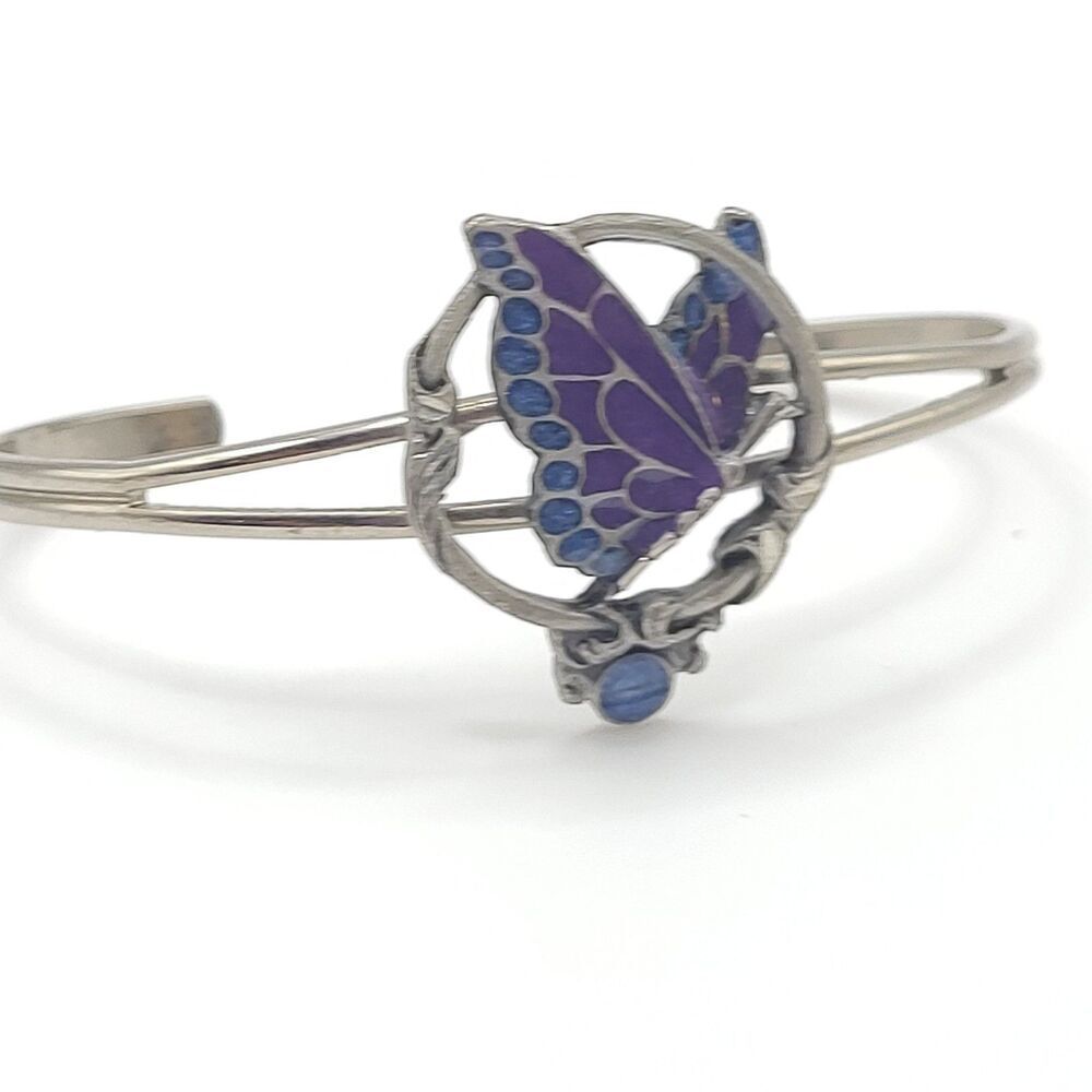 Vintage SISK Pewter Enamel Butterlfy Bangle Bracelet 6.5in